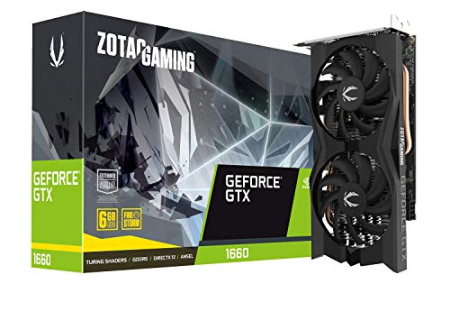 ZOTAC Gaming GeForce GTX 1660 graphics card features a sleek black design with dual fans, 6GB GDDR5 memory, and a 192-bit interface, packaged in a vibrant green and black box.