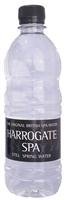 Clear plastic bottle of Harrogate Spring Sparkling Water, featuring a black label with white text, containing 500 ml, part of a multipack of 24.