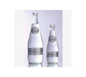 Clear glass bottles of Harrogate Spring Sparkling Water, featuring a silver label with "Harrogate" and "596," displayed in a multipack of 12, each 750 ml.