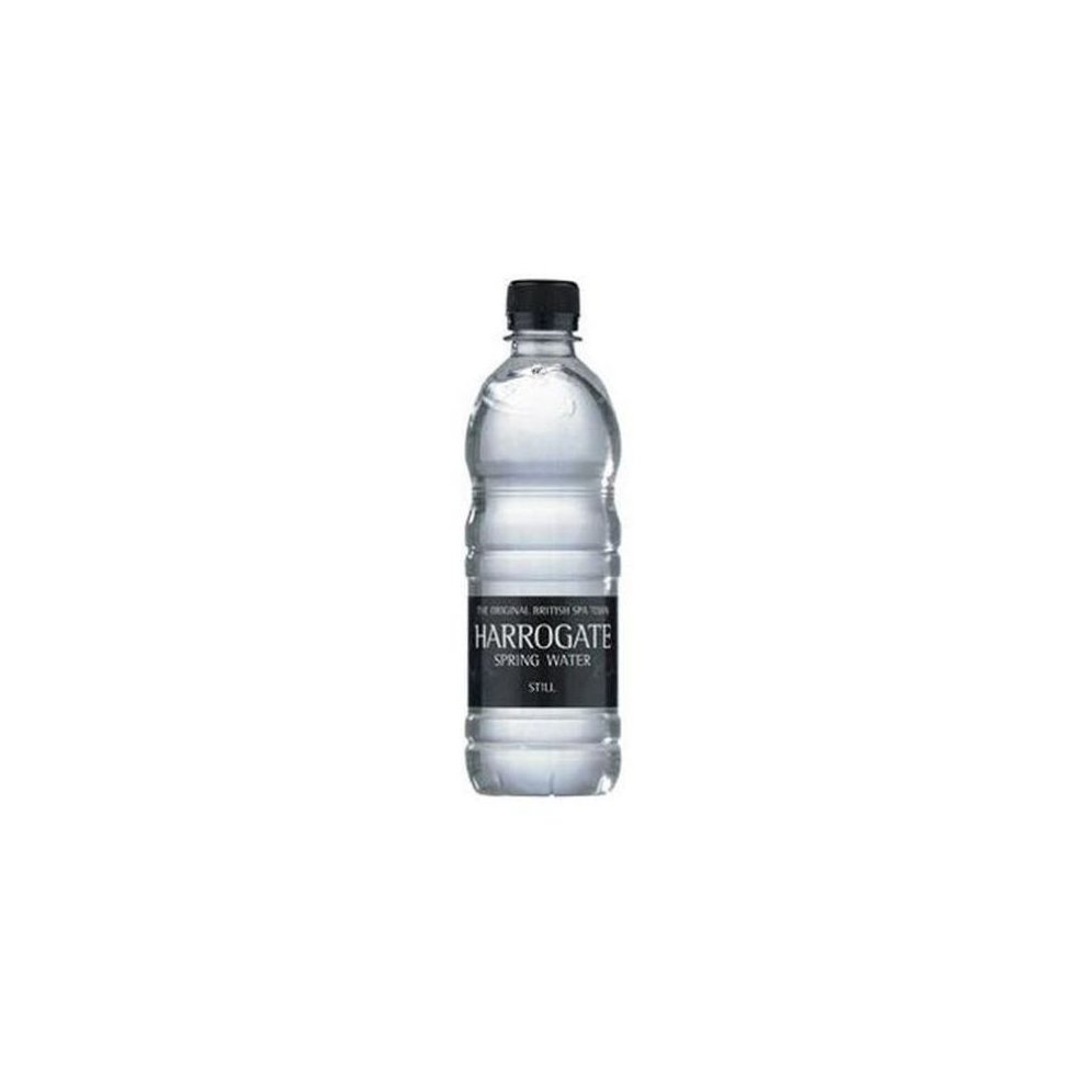 Clear plastic bottle of Harrogate Spring Still Water, featuring a black label with white text, containing 500 ml of water, part of a 24-pack.