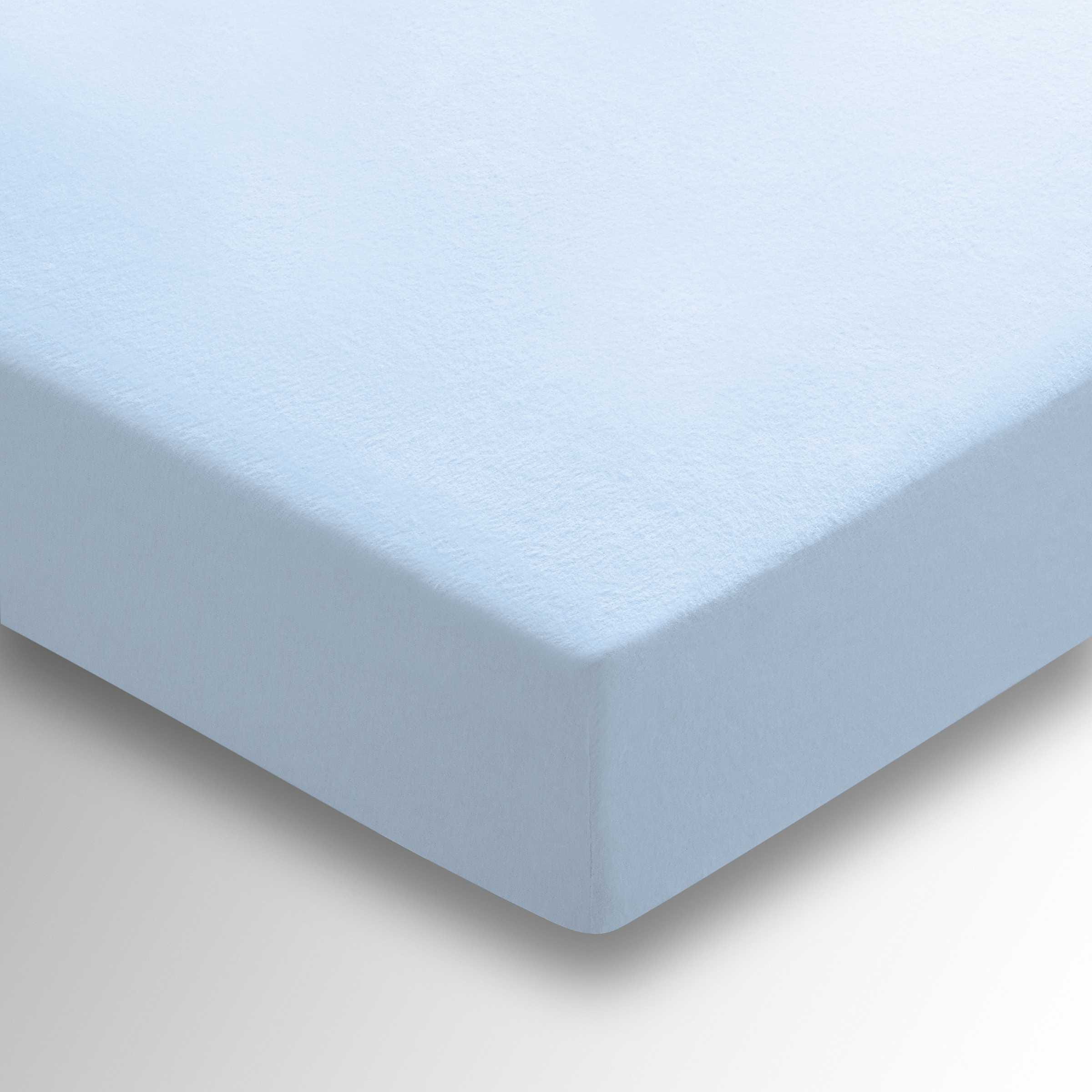 Soft blue brushed cotton fitted sheet, designed for a double bed, featuring a smooth texture and snug fit for comfort.