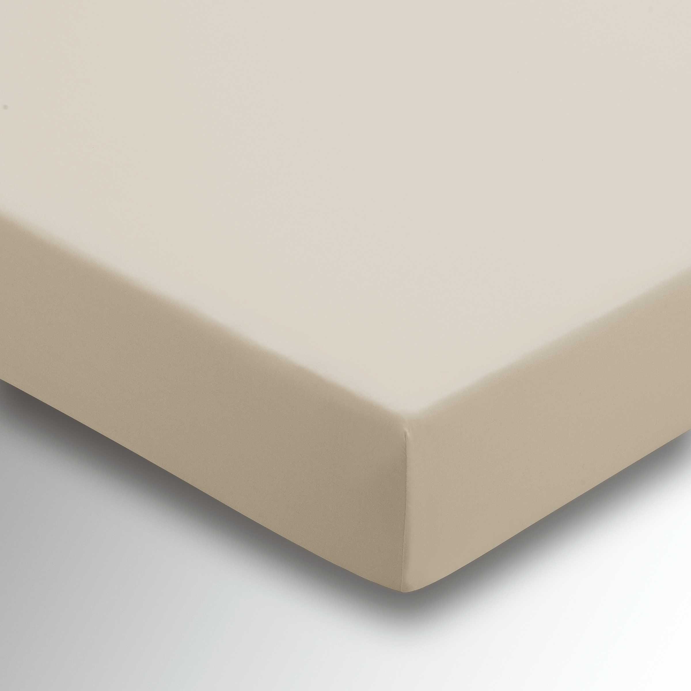 Plain stone-colored fitted sheet in deep super king size, featuring a smooth, soft fabric with neatly stitched corners for a secure fit on the mattress.