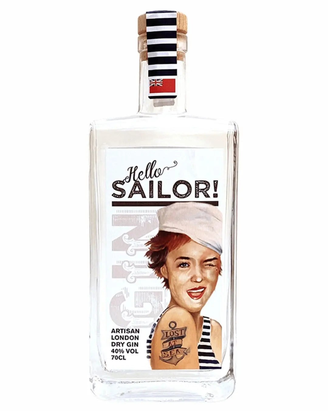 Clear glass bottle of "Hello Sailor! London Dry Gin," featuring a colorful label with a winking woman in a sailor hat, a cork stopper, and a striped cap with a British flag.