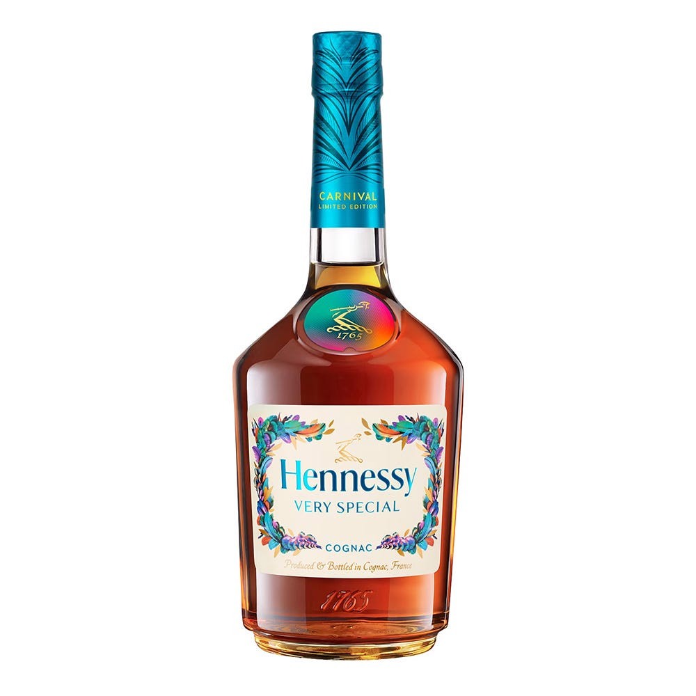Hennessy V.S Carnival Edition Cognac bottle features a vibrant blue cap, colorful floral label, and a rounded amber glass body, holding 70 cl of cognac.