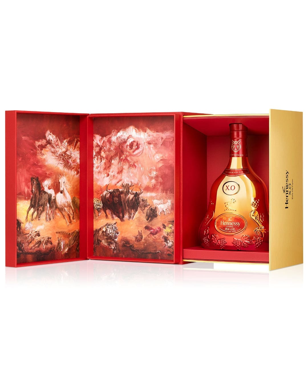 Hennessy X.O Chinese New Year 2023 Limited Edition Cognac in a decorative red and gold box featuring vibrant artwork of horses and a glossy bottle with intricate designs.