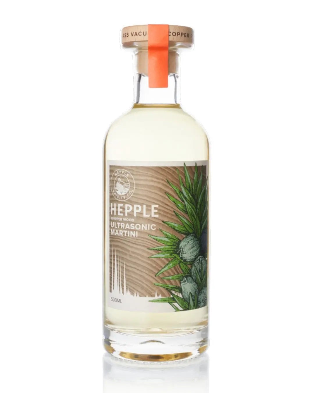 Clear glass bottle with a cork stopper and orange band, featuring a textured label with green botanical illustrations and the text "HEPPLE ULTRASONIC MARTINI," 500ml capacity.