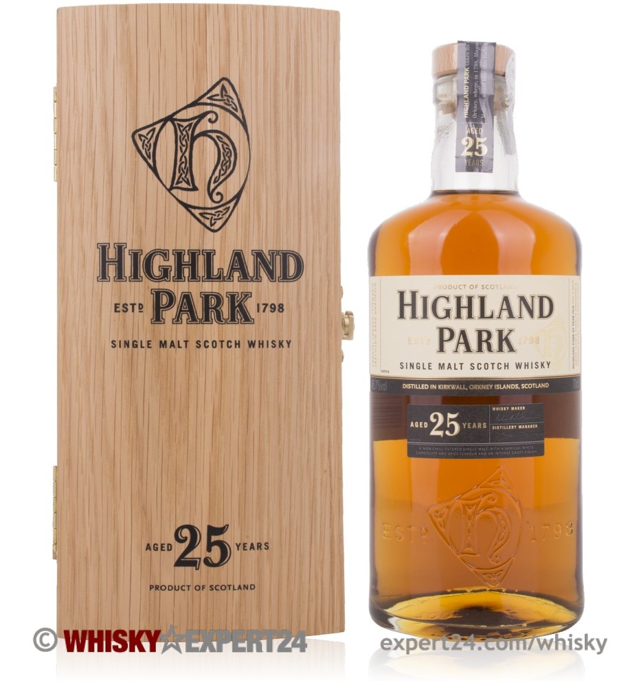 Highland Park 25 Year Old Malt Whisky in a clear glass bottle with a wooden box, featuring a gold label and embossed logo, showcasing rich amber liquid.