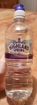 Clear plastic water bottle with a purple sport cap, labeled "HIGHLAND SPRING" and featuring a mountain graphic, part of a multipack containing 12 bottles, each 1 liter.