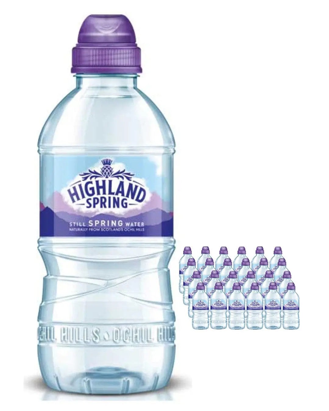 Clear plastic bottle of Highland Spring Still Water with a purple cap, featuring a mountain logo, alongside a multipack of 24 bottles, each 330 ml.