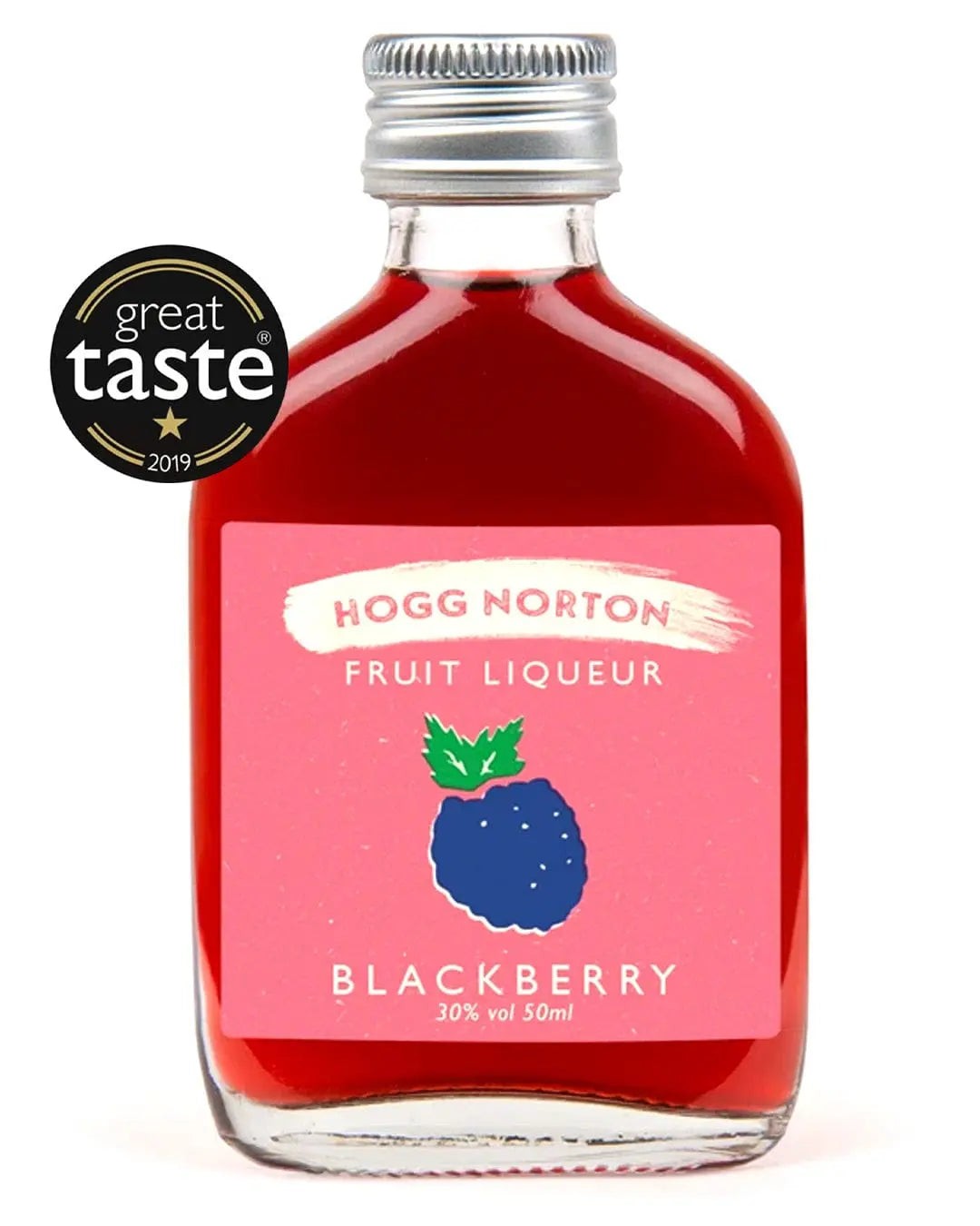 Small glass bottle of Hogg Norton Blackberry Fruit Liqueur, featuring a pink label with a blue blackberry illustration, silver cap, and a "Great Taste 2019" badge.