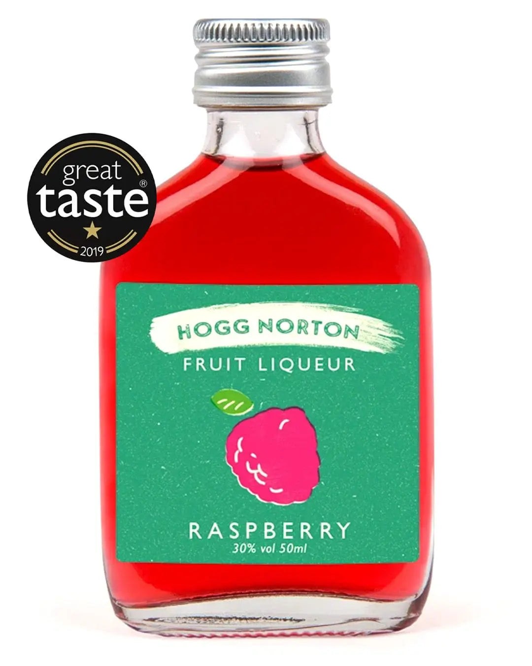 Hogg Norton Raspberry Fruit Liqueur in a small glass bottle, featuring a vibrant red liquid, green label with a raspberry illustration, and a silver screw cap.