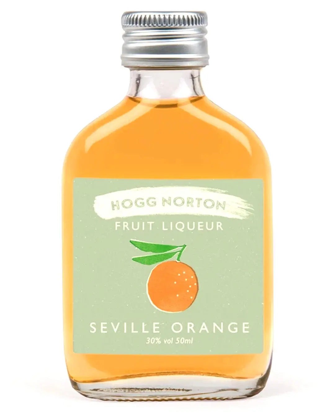 Clear glass bottle with a silver cap, containing amber-colored Hogg Norton Seville Orange Fruit Liqueur, featuring a green label with an orange illustration and text.