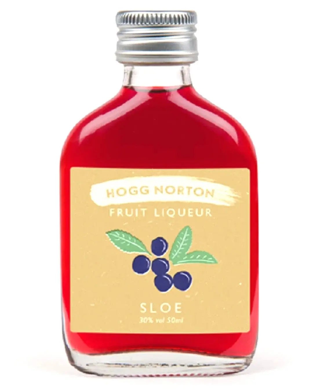 A small glass bottle of Hogg Norton Sloe Fruit Liqueur, featuring a vibrant red liquid, a silver screw cap, and a cream label with blue berries and green leaves.