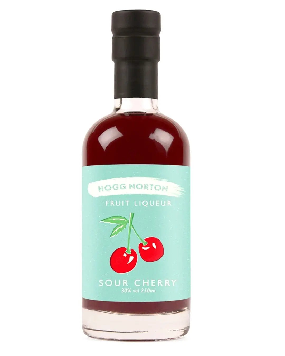 Hogg Norton Sour Cherry Fruit Liqueur in a clear glass bottle, featuring a turquoise label with red cherries and white text, containing 250ml of 30% alcohol by volume.