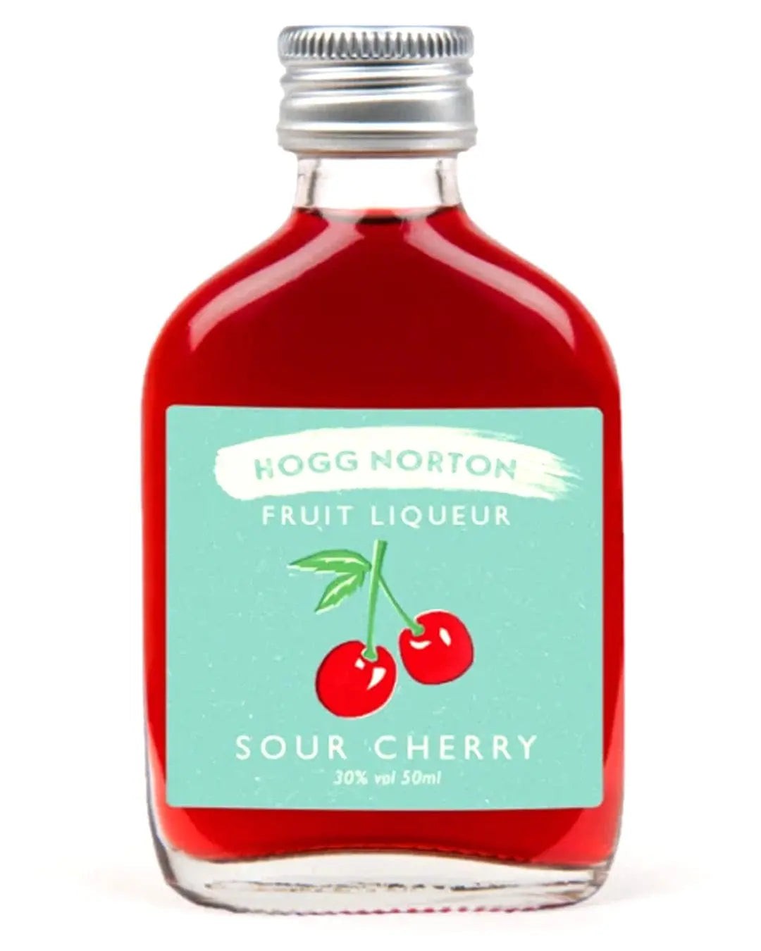 Small glass bottle of Hogg Norton Sour Cherry Fruit Liqueur, featuring a bright red liquid, a silver screw cap, and a turquoise label with cherry illustrations and text.