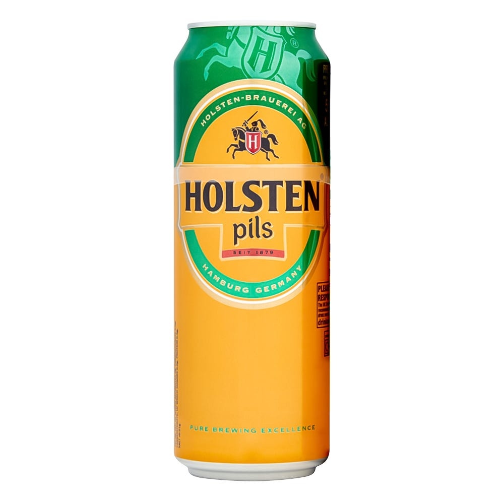 A tall, green and orange can of Holsten Pils Lager Beer featuring the brand name prominently in yellow, with a horse logo and text indicating it's brewed in Hamburg, Germany.
