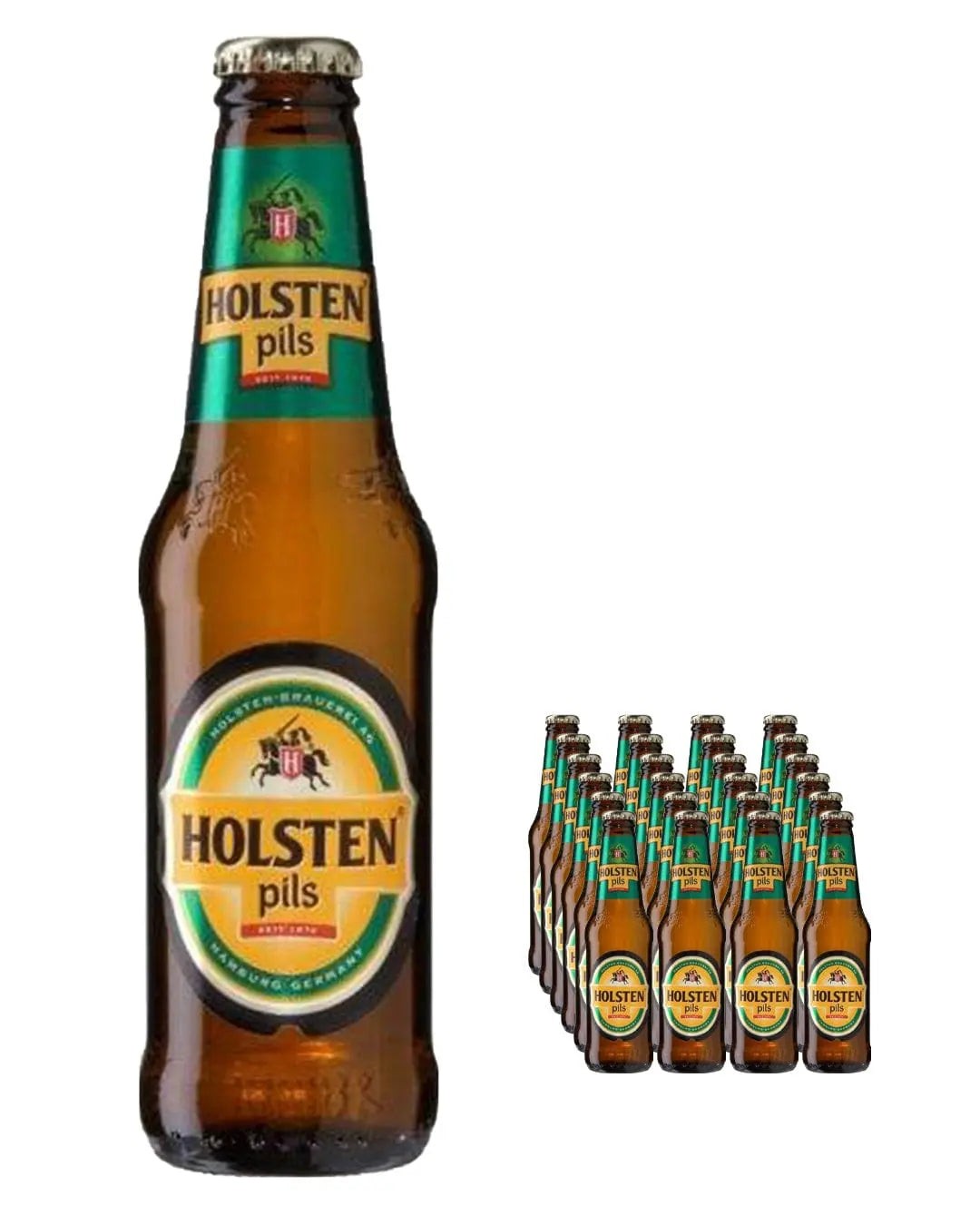 Holsten Pils Premium Pilsner, 24 bottles of 275 ml each, features a green and gold label with the brand name prominently displayed on a brown glass bottle.