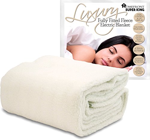 Premium white fleece electric blanket, super king size, fully fitted design, soft texture, machine washable, featuring adjustable heat settings for comfort.
