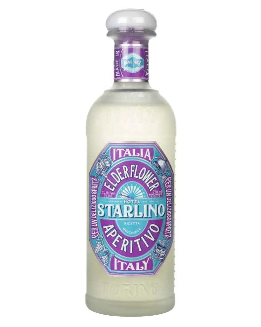 Clear glass bottle with a round, purple and blue label featuring ornate designs, labeled "Hotel Starlino Aperitivo Elderflower," containing a light, translucent liquid.