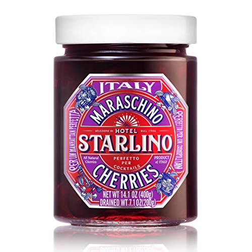 Glass jar containing red Maraschino cherries, labeled "Hotel Starlino" with a colorful hexagonal design, featuring Italian text and a net weight of 400 G.