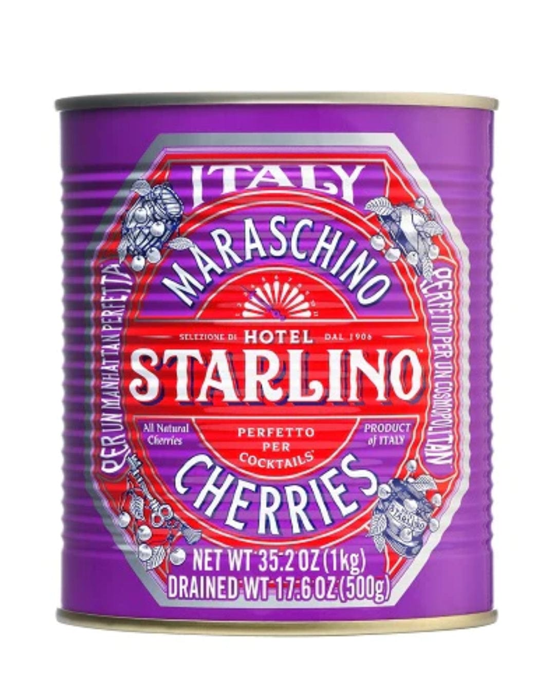 Purple tin can of Hotel Starlino Maraschino Cherries, featuring red and white label with decorative elements, net weight 1 kg, product of Italy, ideal for cocktails.