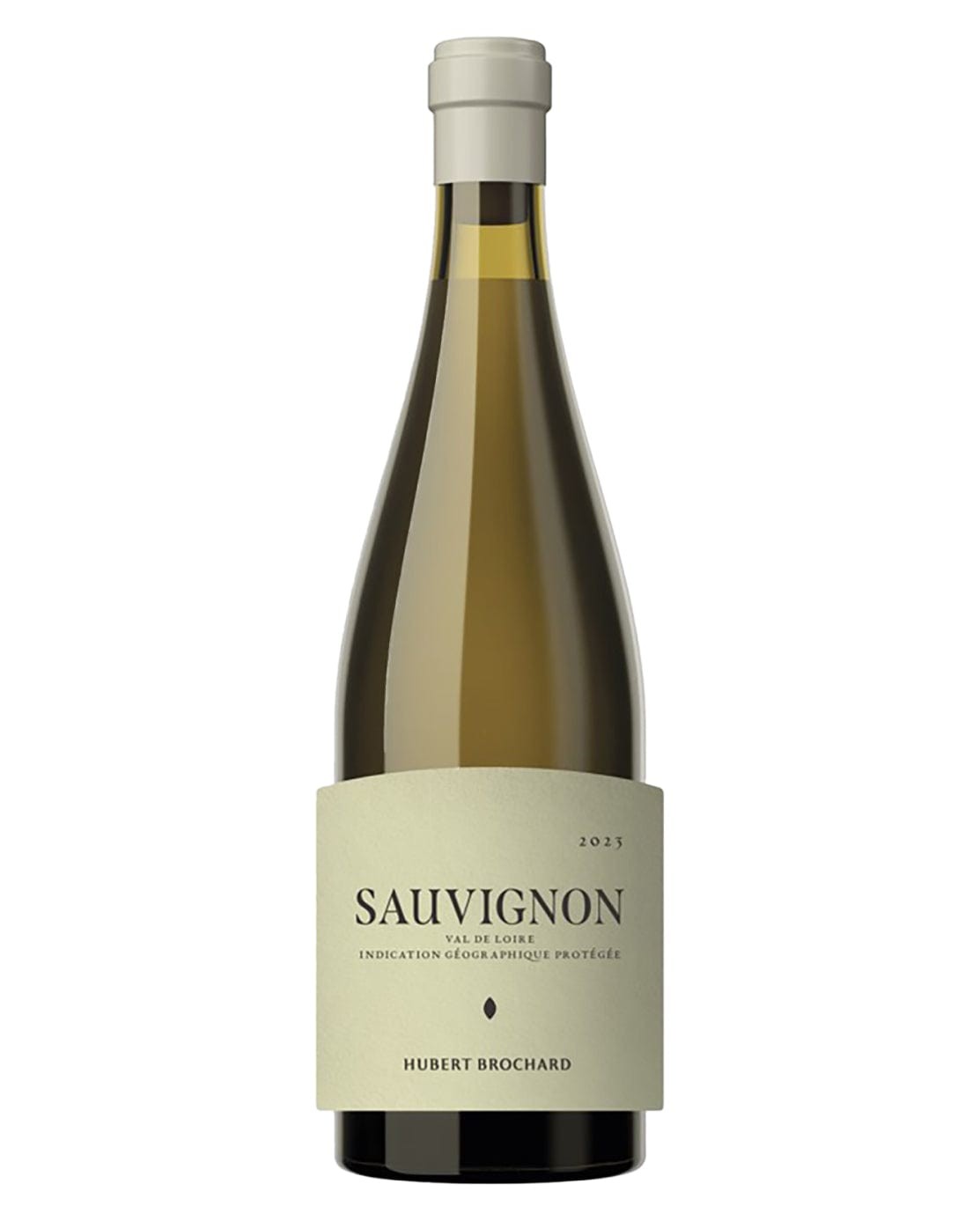 Clear glass bottle of Hubert Brochard Sauvignon Blanc, 75cl, featuring a light yellow liquid, a minimalist cream label with "SAUVIGNON" and vintage year "2023" prominently displayed.