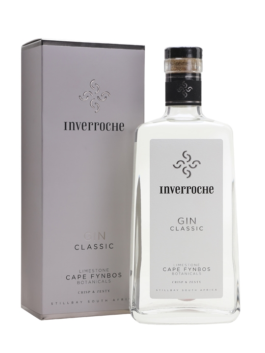 Clear glass bottle of Inverroche Classic Gin with a cork stopper, featuring a sleek design and a label detailing "Cape Fynbos Botanicals," accompanied by a stylish grey box.