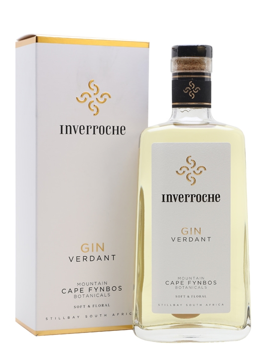 Clear glass bottle of Inverroche Verdant Gin with a cork stopper, featuring a light yellow liquid, alongside a white box with gold accents and the brand name prominently displayed.