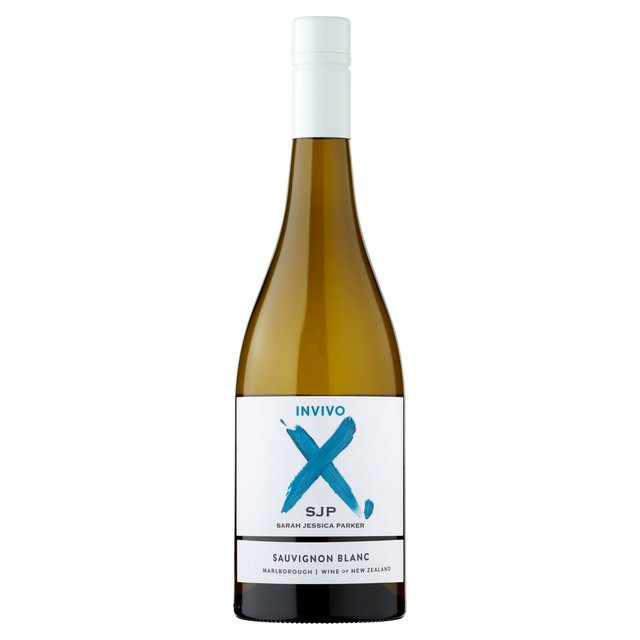 A 75 cl bottle of Invivo X SJP Sauvignon Blanc featuring a sleek glass design, a white label with a blue brushstroke, and black text detailing the wine's origin and variety.