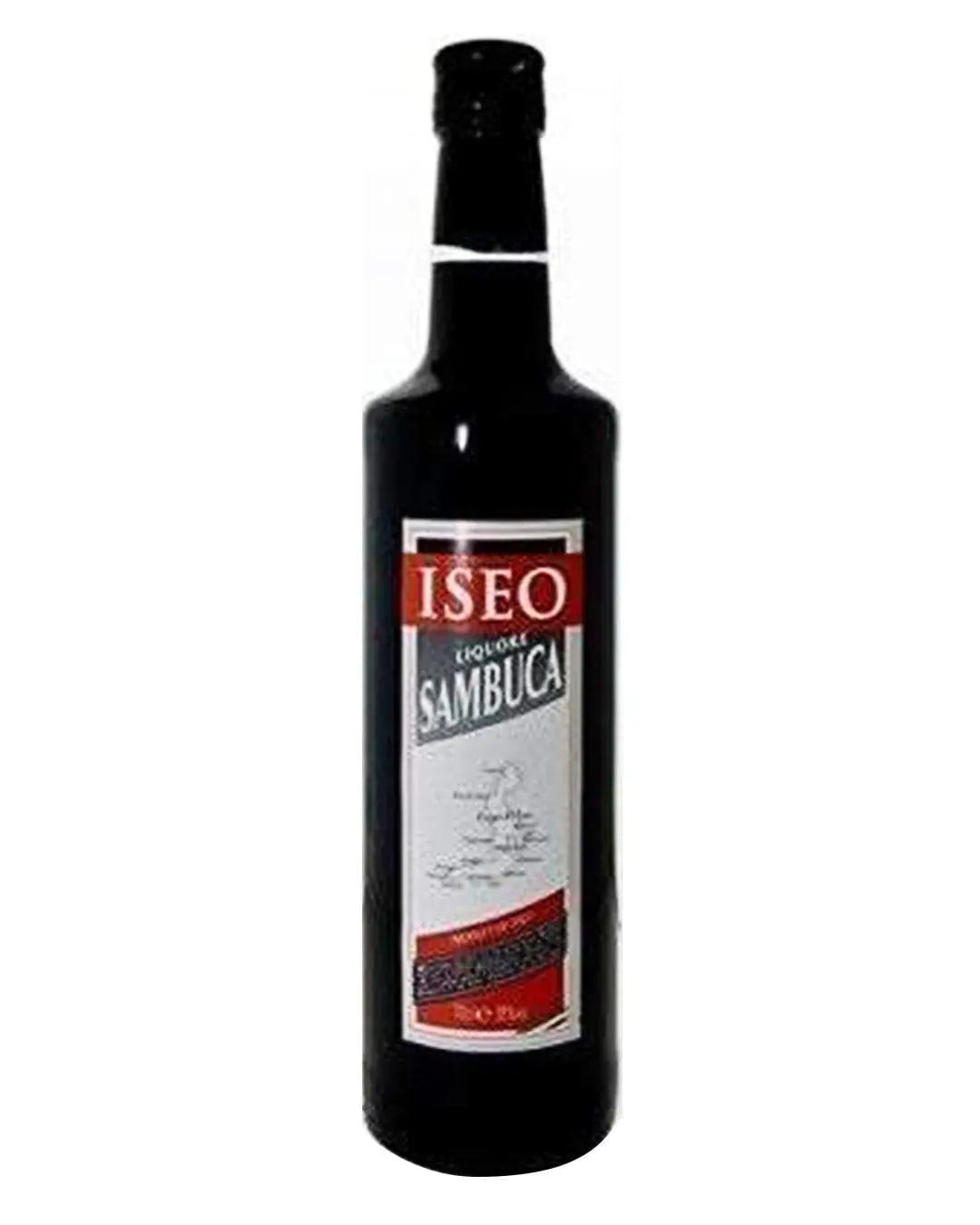 Black glass bottle of ISEO Sambuca, 70 cl, featuring a red and white label with text detailing the product and a black cap.
