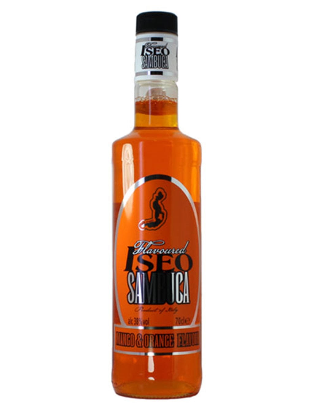 Clear glass bottle filled with vibrant orange sambuca, featuring a black and orange label with "Iseo Sambuca" and "Mango & Orange Flavour" text, capped with a silver screw top.