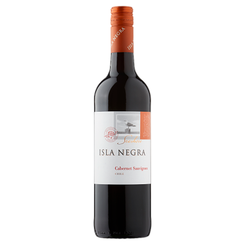 A dark red wine bottle with a white label featuring the text "Isla Negra Cabernet Sauvignon" and a graphic of a bird, topped with a cork and an orange neck label.