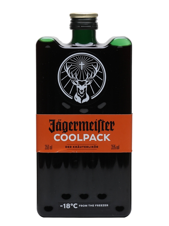 Jägermeister Cool Pack, 35 Cl, features a dark green plastic bottle with a black logo and orange label, indicating a temperature of -18°C for optimal chilling.
