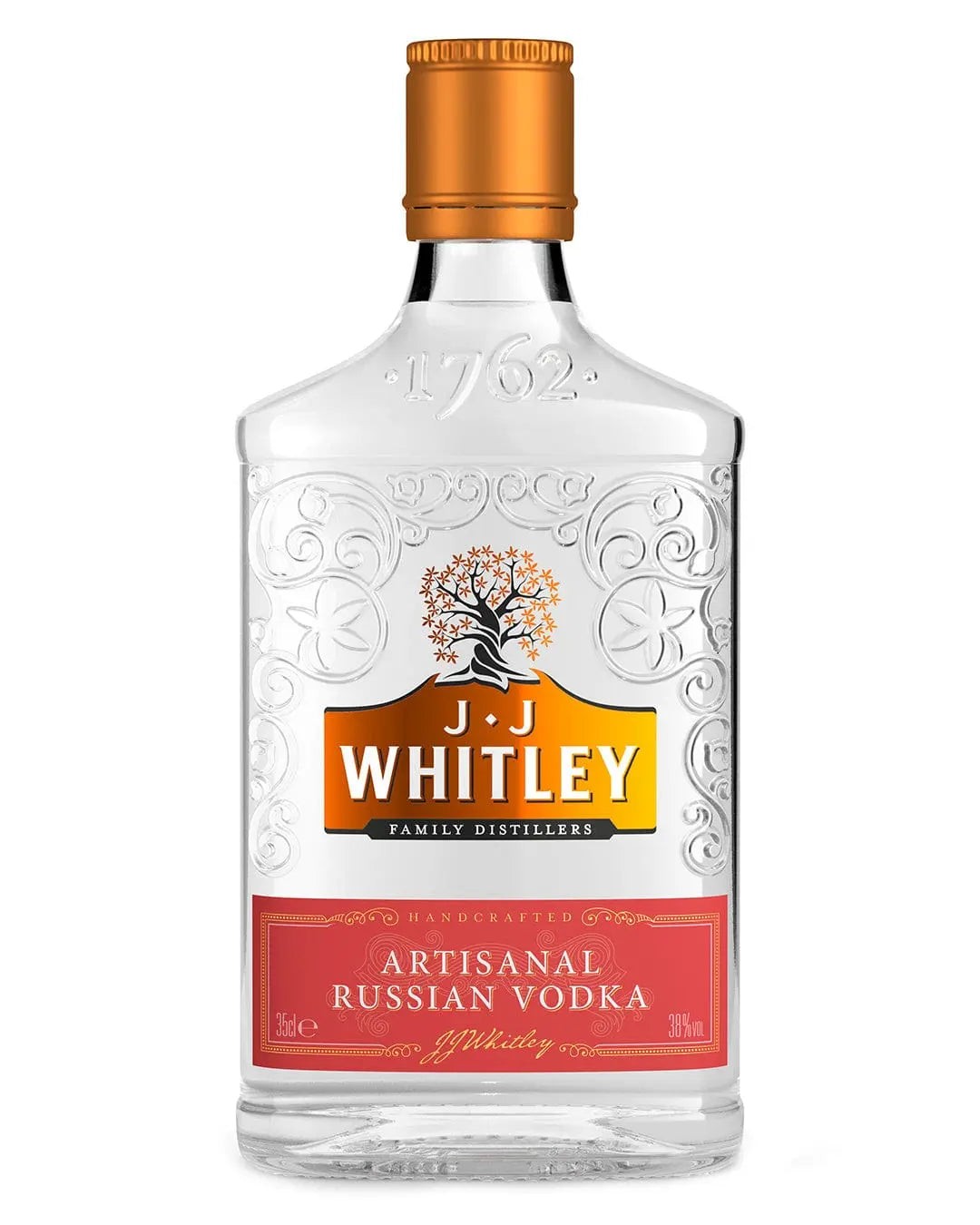 Clear glass bottle of J.J. Whitley Artisanal Vodka with a copper-colored screw cap, featuring an ornate label in red and white, and the brand name prominently displayed.