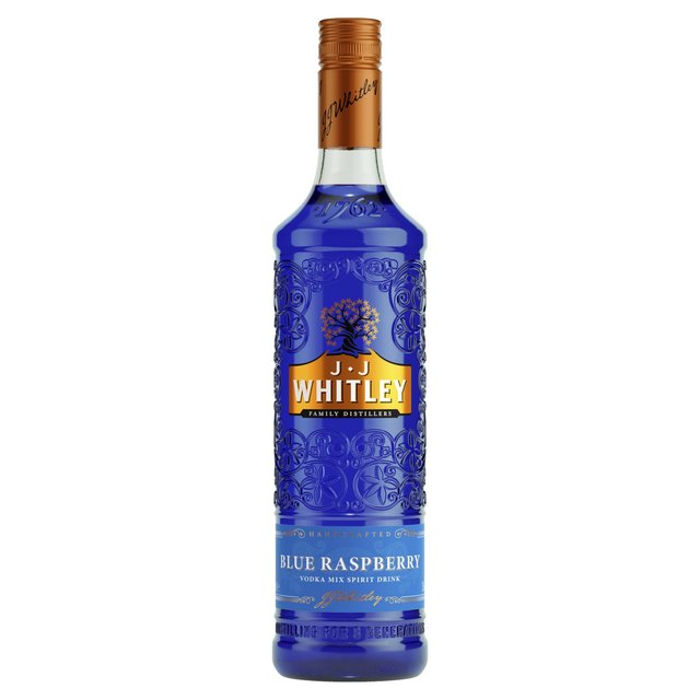 J.J. Whitley Artisanal Blue Raspberry Vodka bottle features a vibrant blue liquid, embossed floral design, and a gold label with the brand name and flavor prominently displayed.