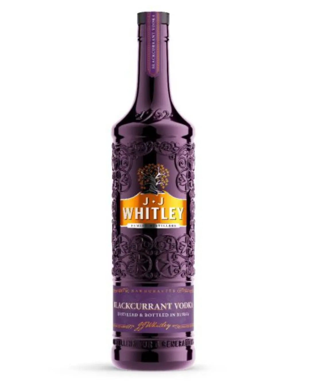J.J. Whitley Blackcurrant Vodka bottle, 70 Cl, features a deep purple glass design with ornate patterns and a prominent orange label displaying the brand name.