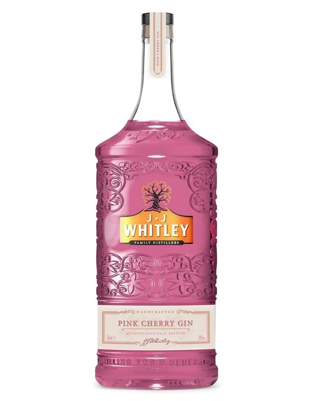 Clear glass bottle with a textured pink design, featuring a silver cap and a label that reads "J.J. Whitley Pink Cherry Gin" in white and gold.