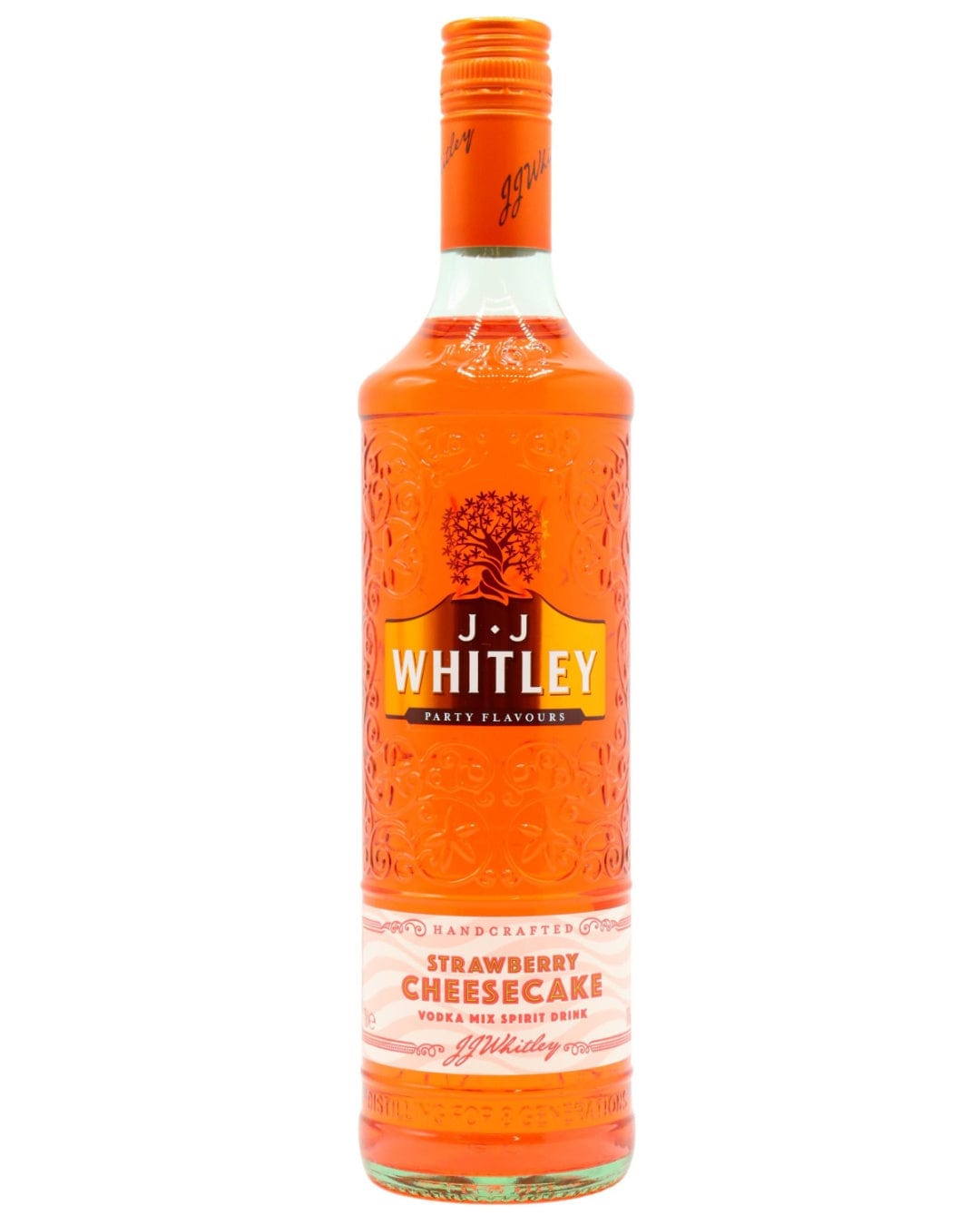 Bright orange bottle of J.J. Whitley Strawberry Cheesecake Vodka Mix Spirit Drink, featuring intricate patterns and a label with bold text and a strawberry cheesecake illustration.
