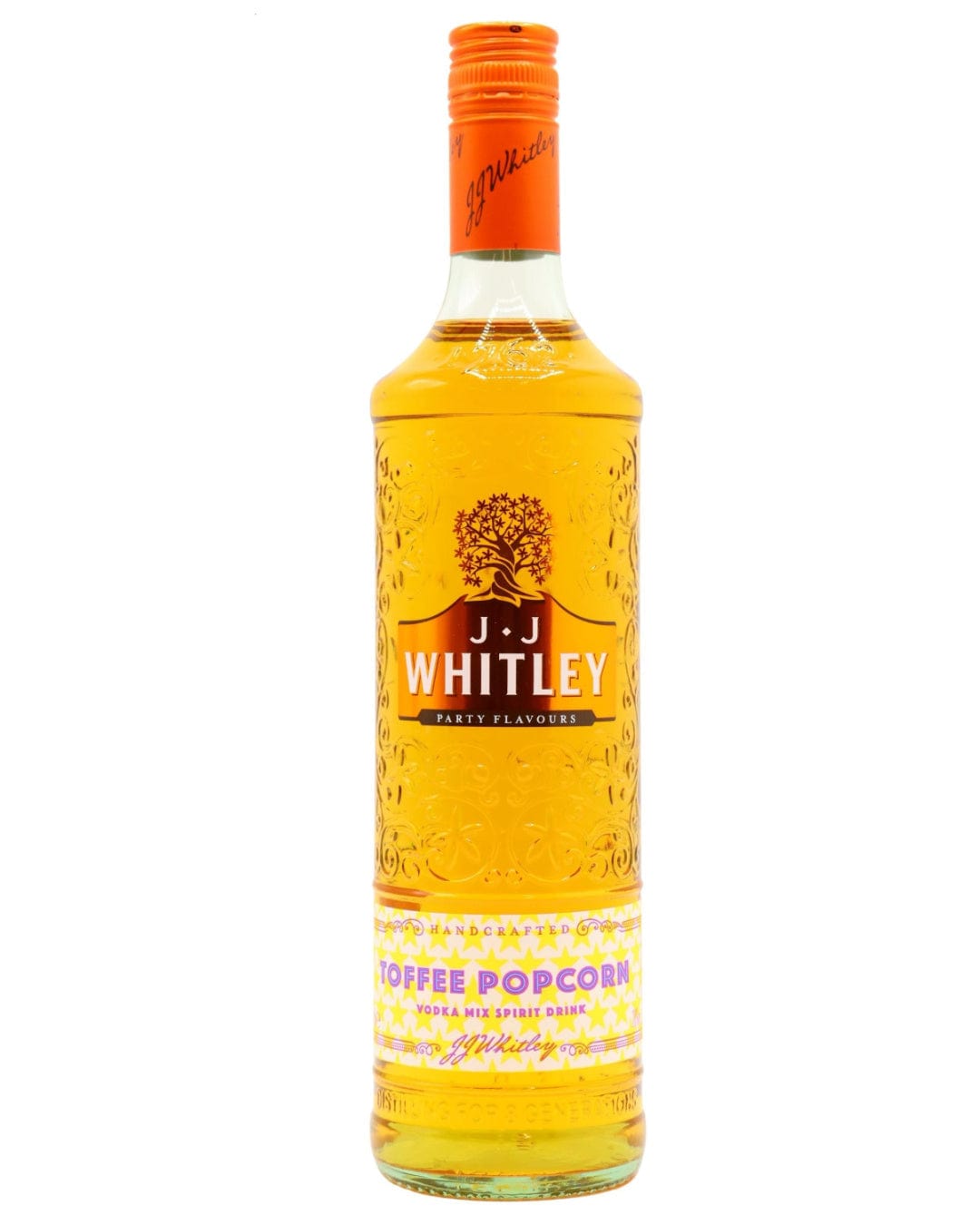 Clear glass bottle filled with golden yellow liquid, featuring a decorative embossed design, a bright orange cap, and a label that reads "J.J. Whitley Toffee Popcorn Vodka Mix Spirit Drink."