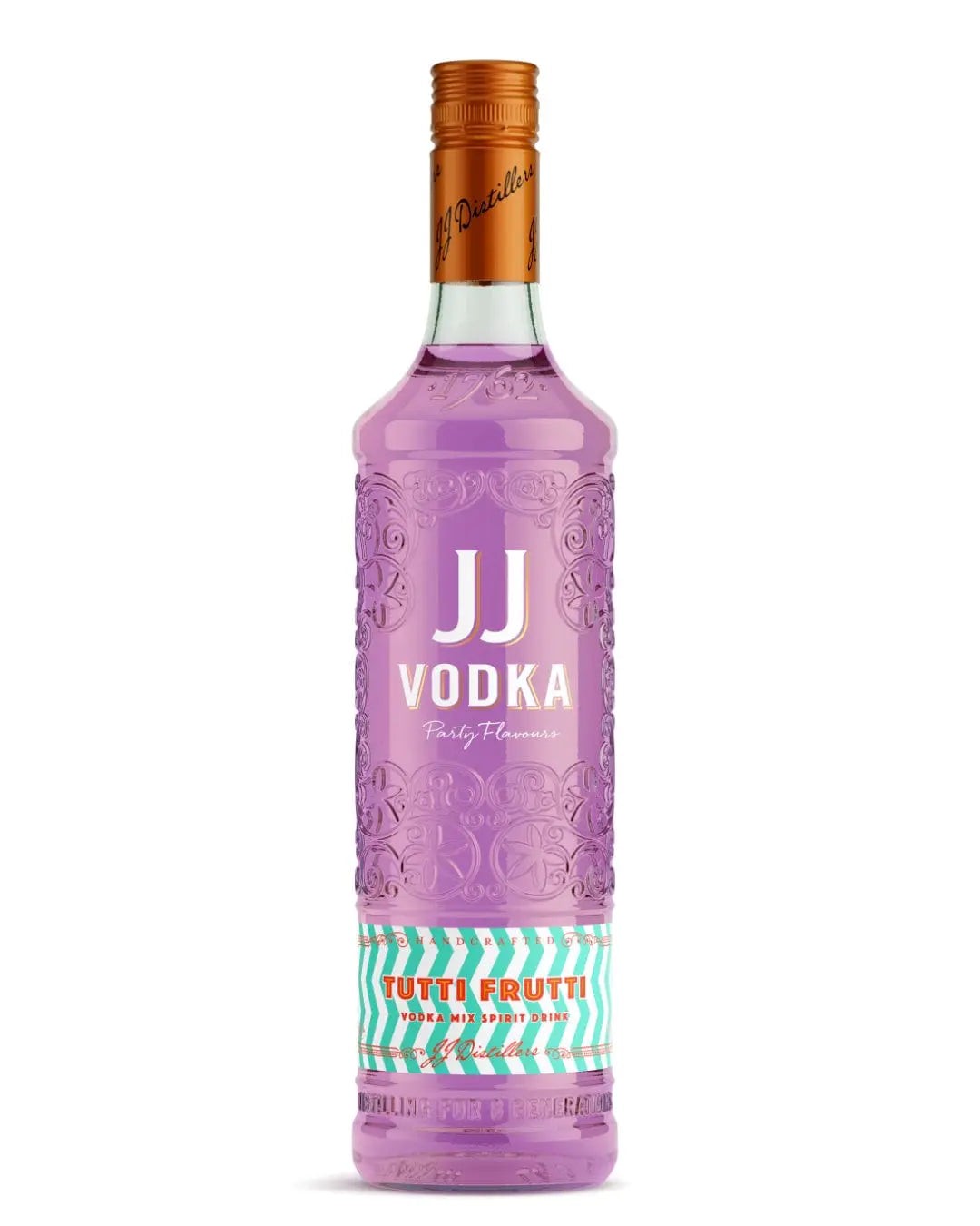 Clear bottle of J.J. Whitley Tutti Frutti Vodka, featuring a vibrant purple liquid, embossed detailing, and a copper-colored cap, labeled with "Tutti Frutti" and decorative stripes.