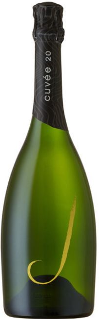 Green glass bottle of J Vineyards Cuvee 20 Sparkling Wine, featuring a sleek black label with a gold stylized "J" and a cork closure.