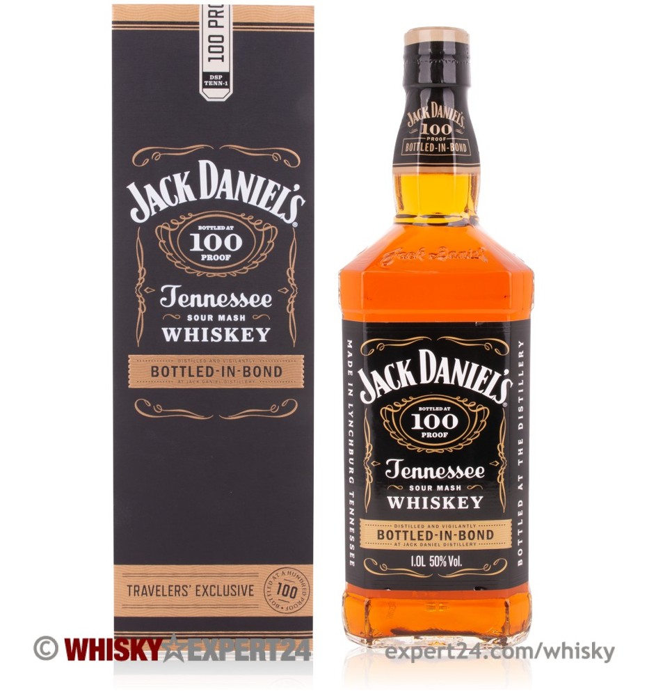 Jack Daniel's Bottled in Bond Whiskey, 1 L, features a square glass bottle with a black label, gold accents, and an amber liquid, presented alongside a matching black box.