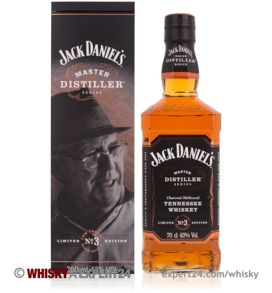 Jack Daniel's Master Distiller #3 Tennessee Whiskey bottle in a clear glass with a square shape, amber liquid, black and gold label, and a cardboard box featuring a portrait.