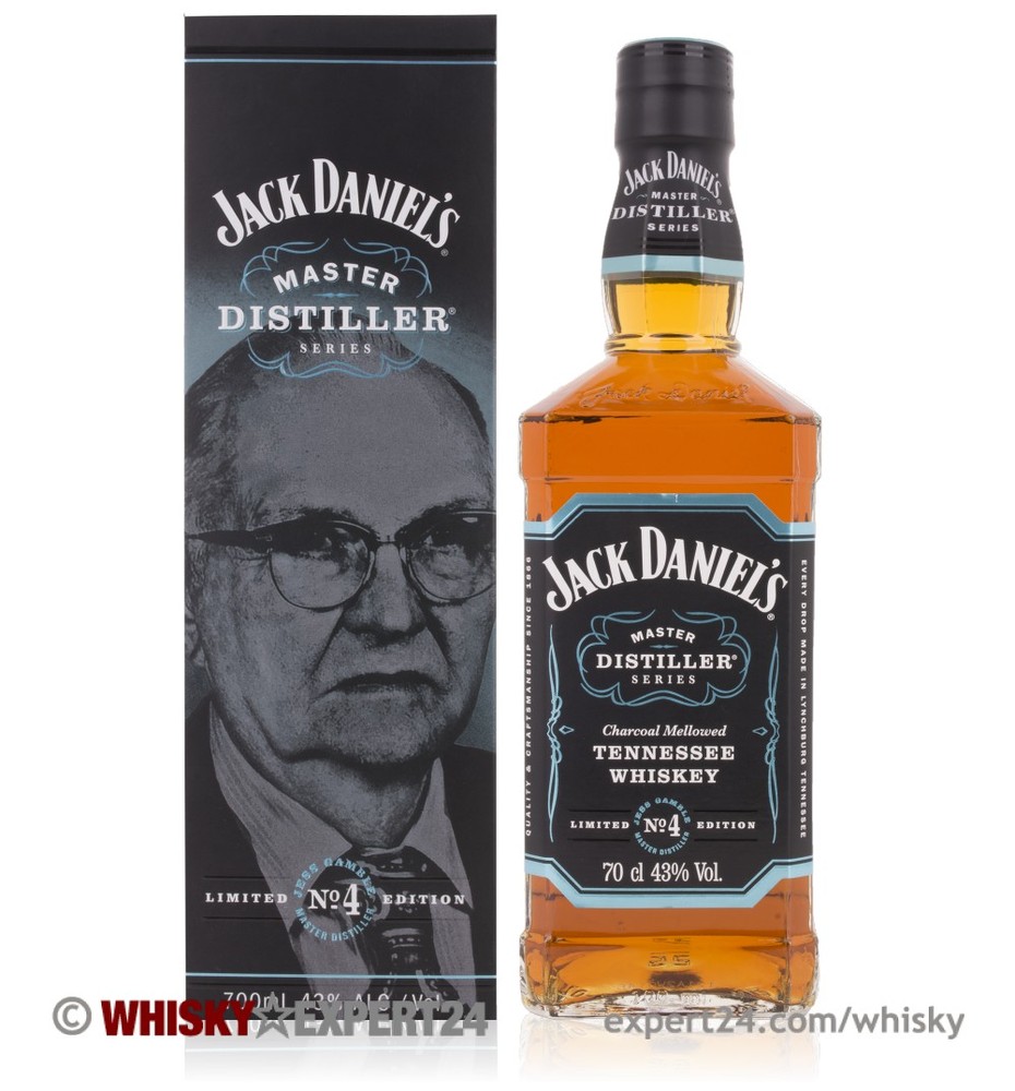 Jack Daniel's Master Distiller #4 Tennessee Whiskey in a clear glass bottle with a black label, featuring a portrait of a man, alongside a black box with similar branding.