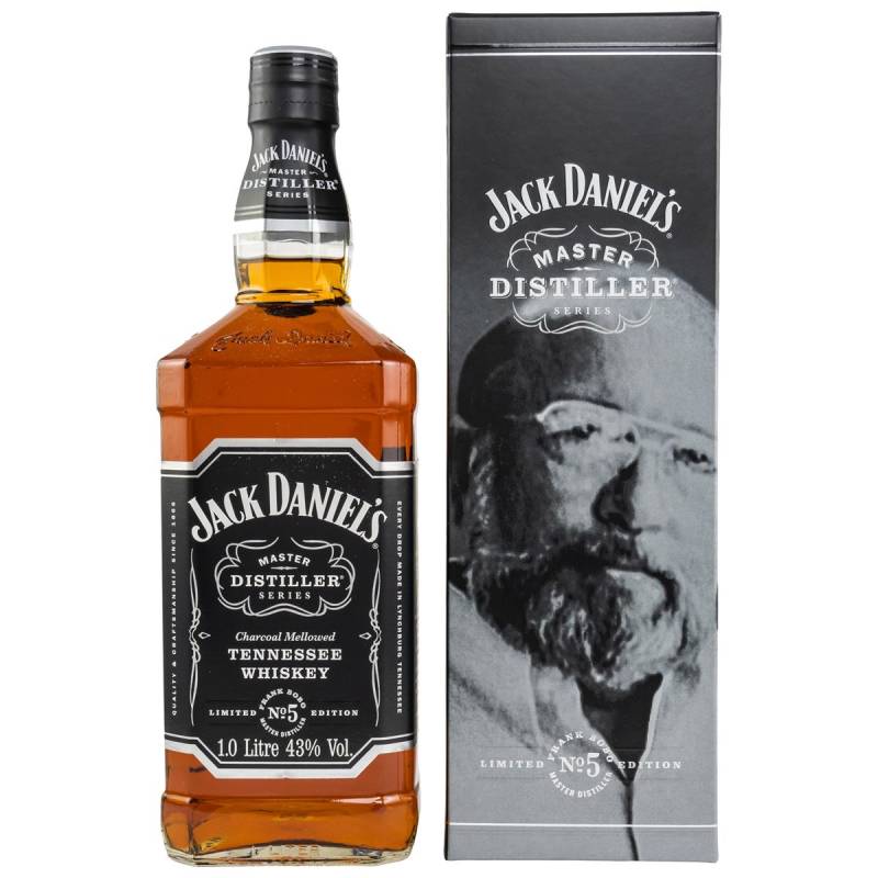 Amber whiskey in a square glass bottle with a black label featuring white text, accompanied by a matching box displaying a portrait of a man.