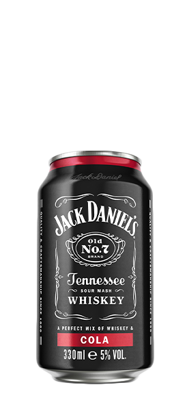 Black can featuring Jack Daniel's logo, "Old No. 7" label, and red accents; contains 330 ml of premixed Tennessee whiskey and Coca Cola, showcasing a sleek, modern design.