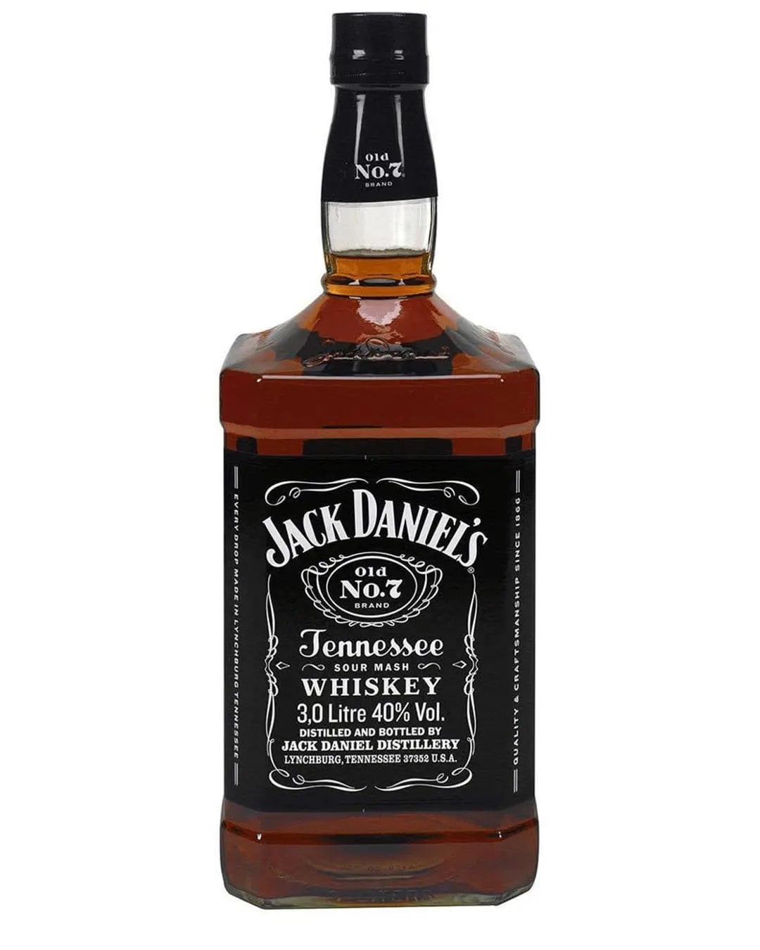Jack Daniel's Tennessee Whiskey in a 3-liter glass bottle, featuring a black label with white text and a gold cap, showcasing its amber liquid.