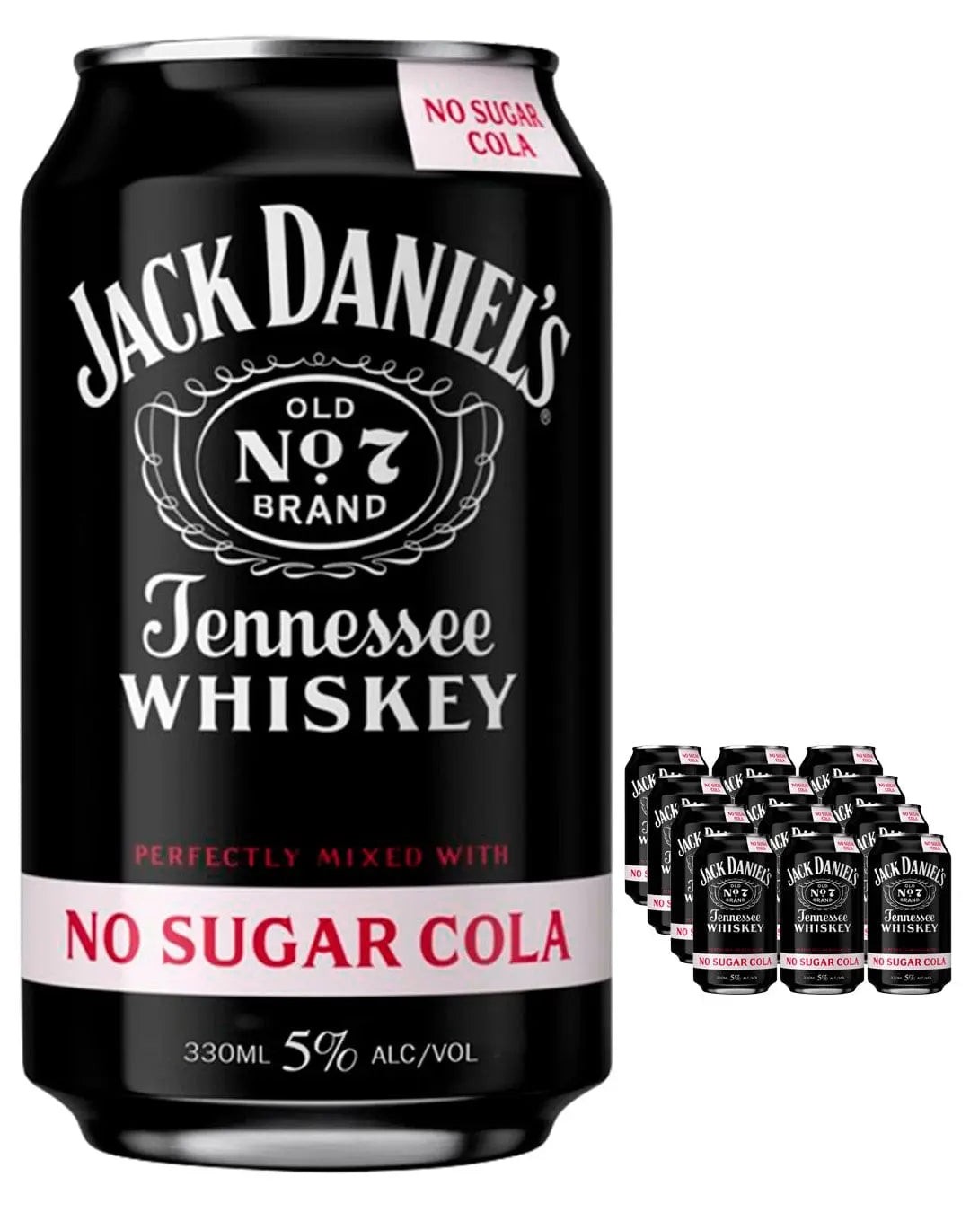 Black and silver cans featuring "Jack Daniel's Tennessee Whiskey" and "No Sugar Cola" labels, with a multipack of 12 cans displayed together.