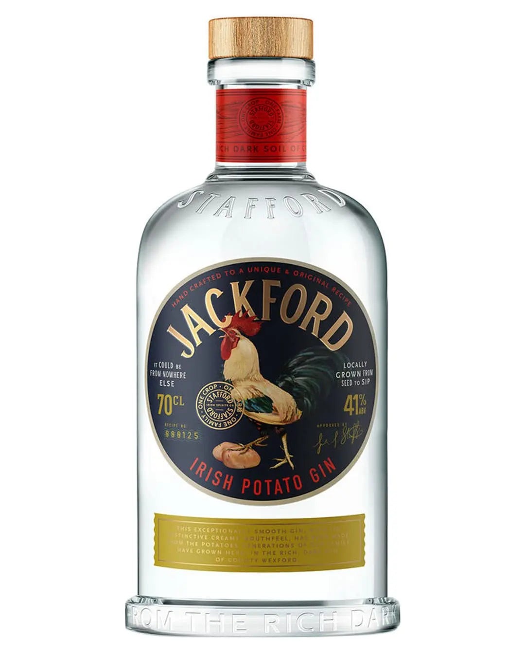 Clear glass bottle with a wooden cork, featuring a colorful label with a rooster, gold accents, and the text "JACKFORD IRISH POTATO GIN, 70 Cl" in bold lettering.