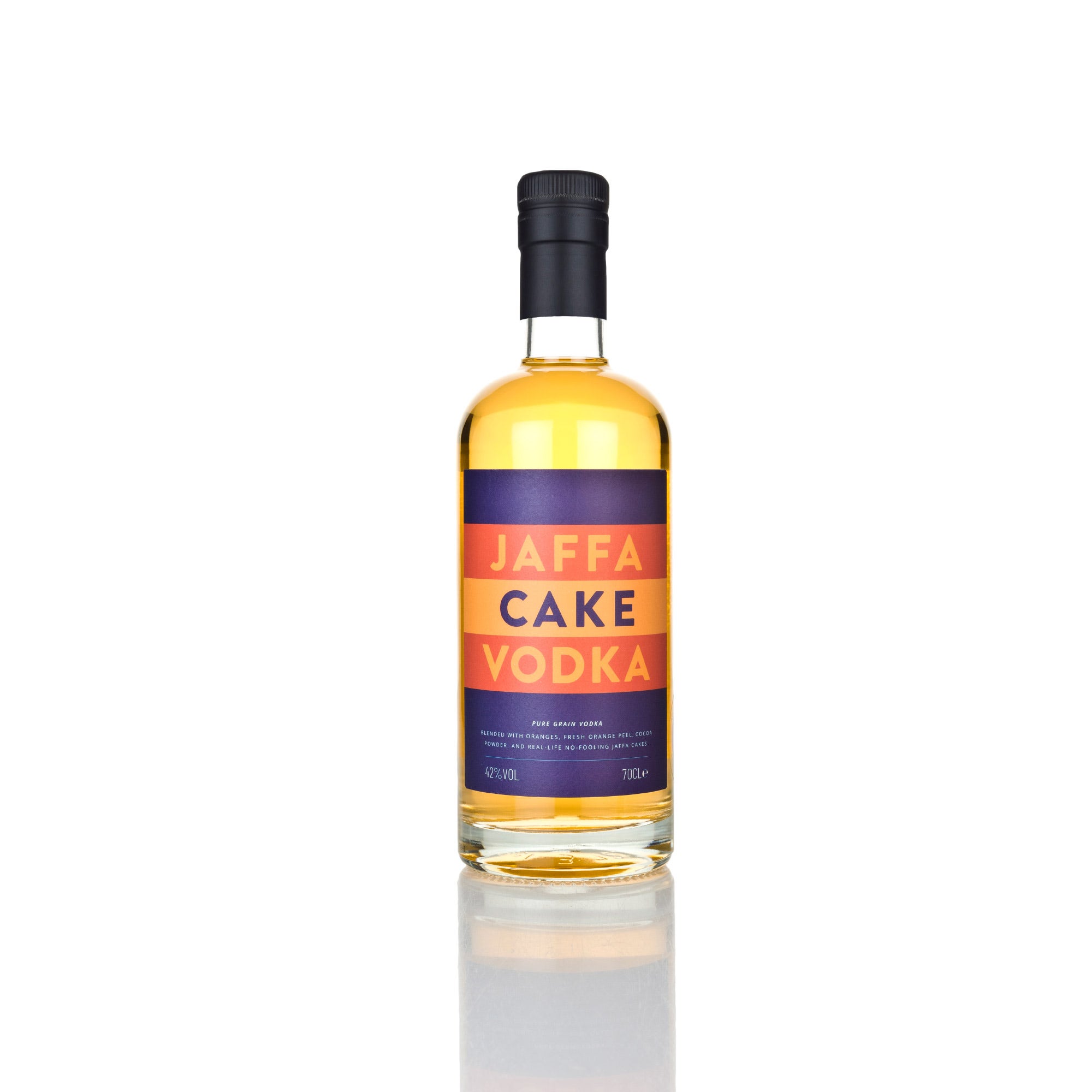 Jaffa Cake Vodka bottle with a clear glass body, featuring a vibrant label in orange and purple, marked with "JAFFA CAKE VODKA" in bold letters, and a black screw cap.